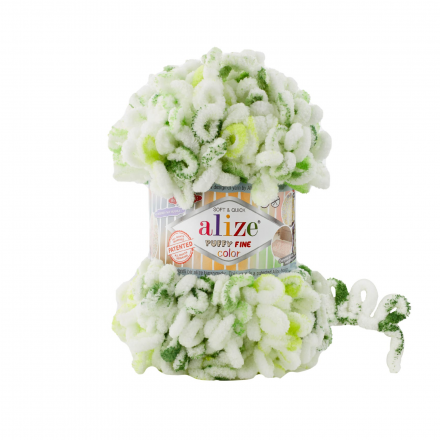 Puffy Fine Color (Alize) 7627 белый-зеленый-салат, пряжа 100г