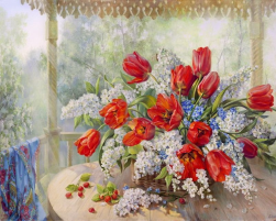 ZM-1525 &quot;Тюльпаны с черемухой (худ. Дандорф О.)&quot; алмазная мозаика на подрамнике