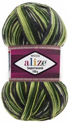 Superwash Wool (Alize) 2696 зеленый серый желтый, пряжа 100г
