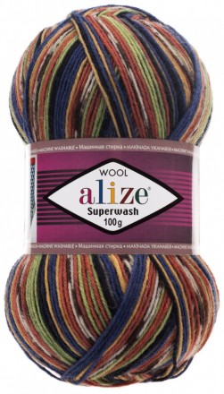 Superwash Wool (Alize) 2701 алый оранж-голуб-сине-зеленый, пряжа 100г