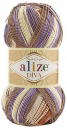 Diva Batik (Alize) 7391 коричневый-сливочный-сирень, пряжа 100г
